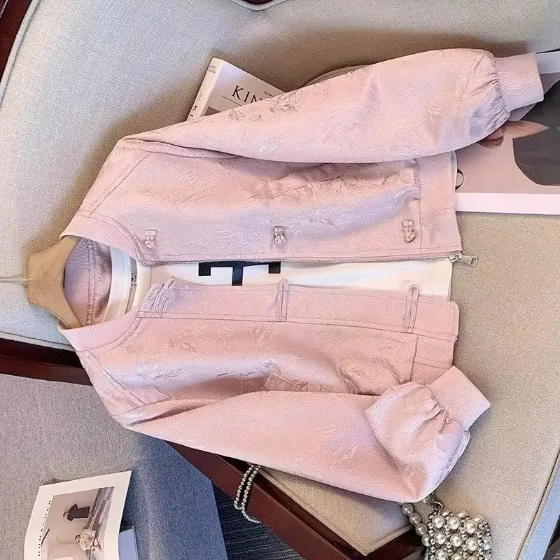 

Short Baseball Jacket Women's 2026New Fashion Korean Spring Autumn Explosion Buckle Jacquard Casual Windbreaker Coat Female Tops