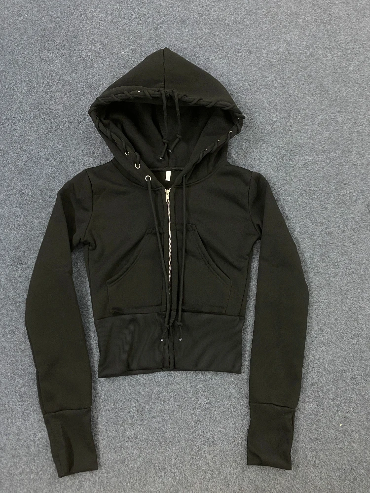 Nell'autunno e nell'inverno del 2025, giacca da donna sexy e piccante slim fit traforata con coulisse e cerniera corta ombelico esposto Y2K