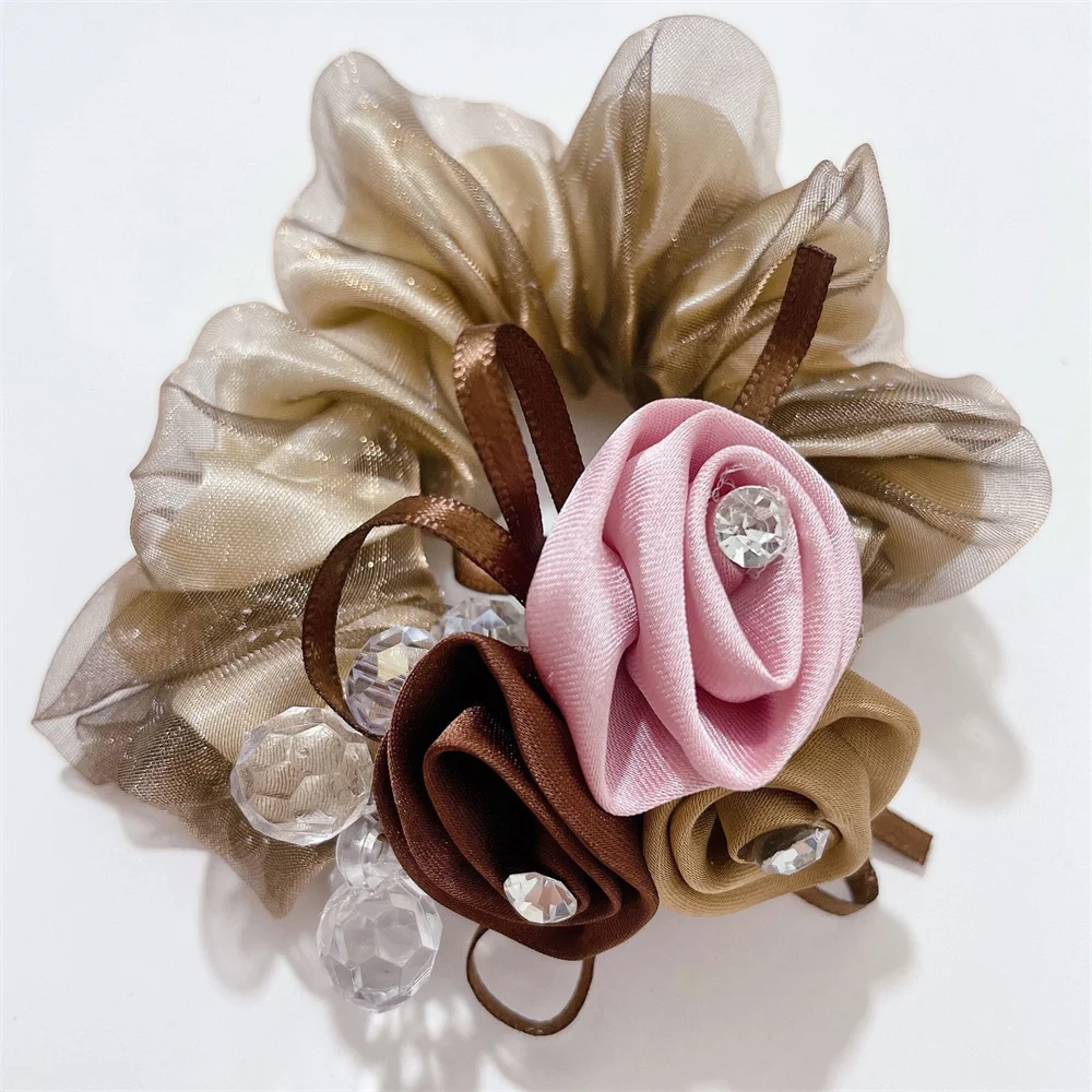 Korean Fashion Pearl Hair Rope Rose Flower Hair Band Rhinestone Hair Ties Rubber Band Hair Jewelry Hair Accessories For Women