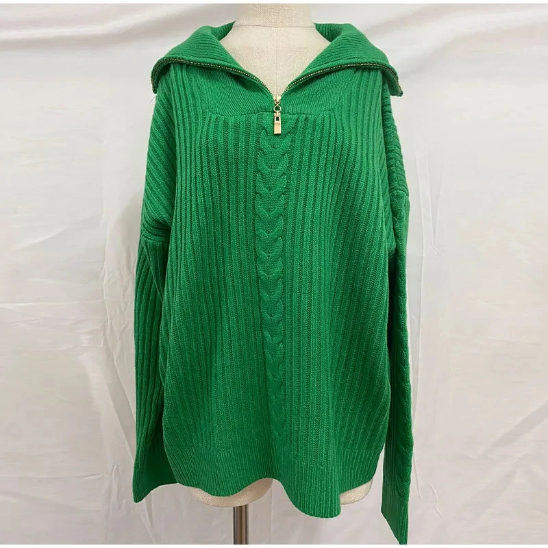 Sweater wanita terpelintir, kerah, leher tinggi, rajut, ritsleting, bahu hijau, mode jatuh, musim gugur, musim dingin