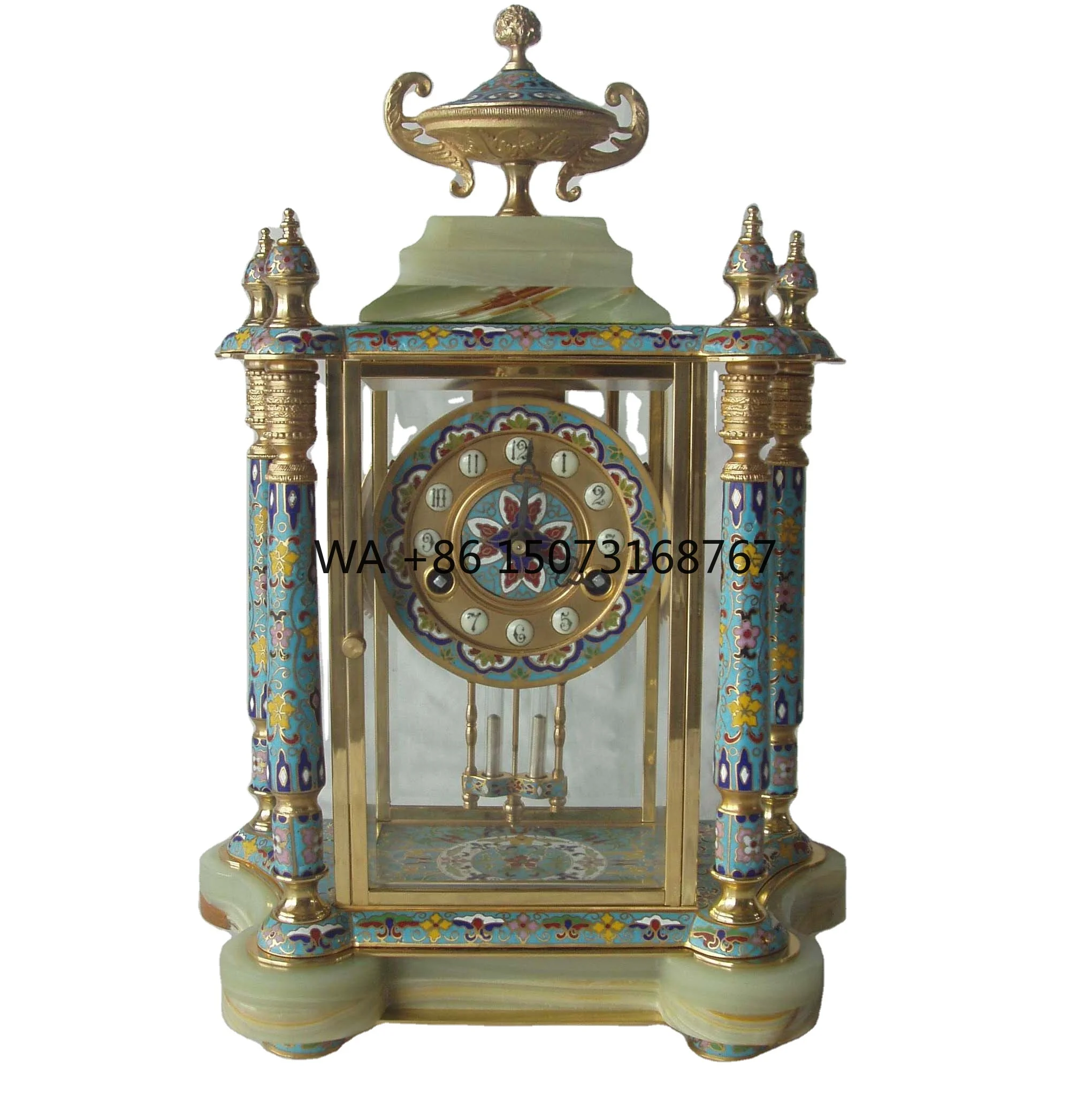 Gilt Floral Champleve  Cloisonne Decorated Pillar Portico Case Brass Mechanical Movement Marble Top & Base Bracket Desk Clock