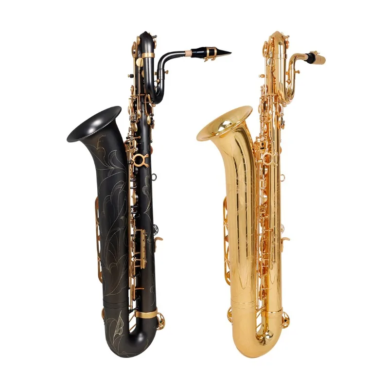 Bass saxophone E flat brass tube body engraved white shell button on bass saxophone