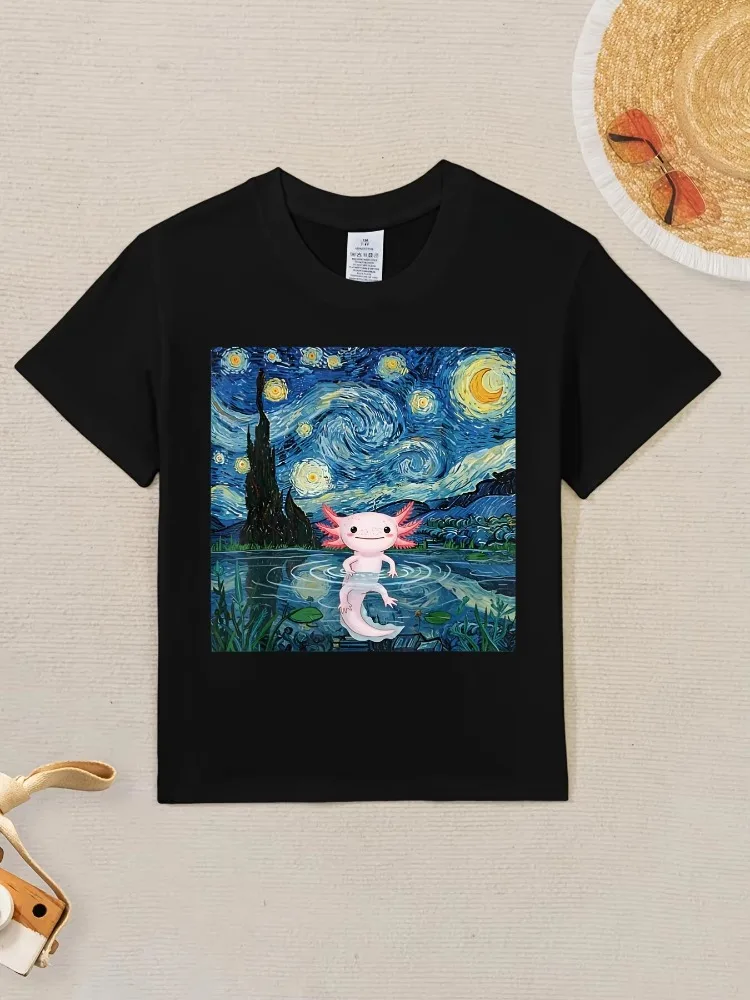 Dorable Axolotl Kawaii Van Gogh Style Starry Night T-Shirt Tee Shirt Round Neck Tshirt Summer Short Sleeve Aesthetic Clothes