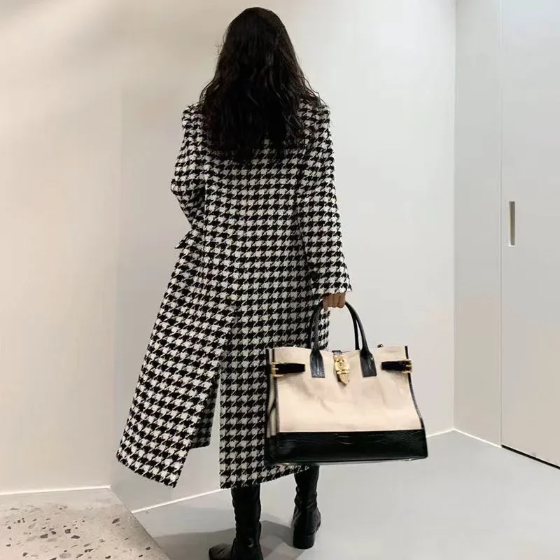 Fashion Houndstooth Faux Wool Jacket Women Autumn Korean Elegant Double Breasted Long Overcoat Winter Thick Warm Blend Wool Coat