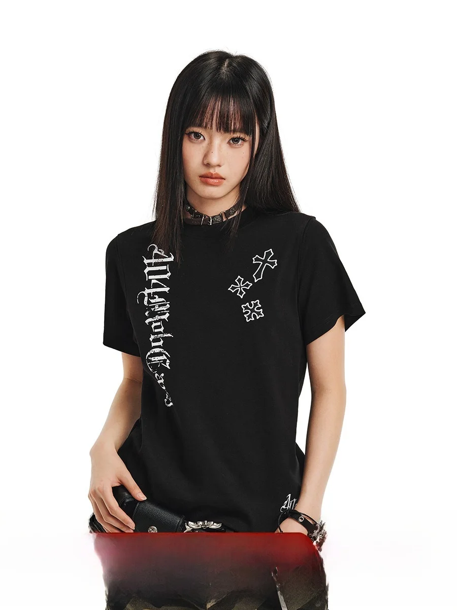 

Gothic Letter Print ort Sve T-irt Women's Slim Fit Summer Trendy Cotton round Ne Casual Faion 404MOB Sister Sle