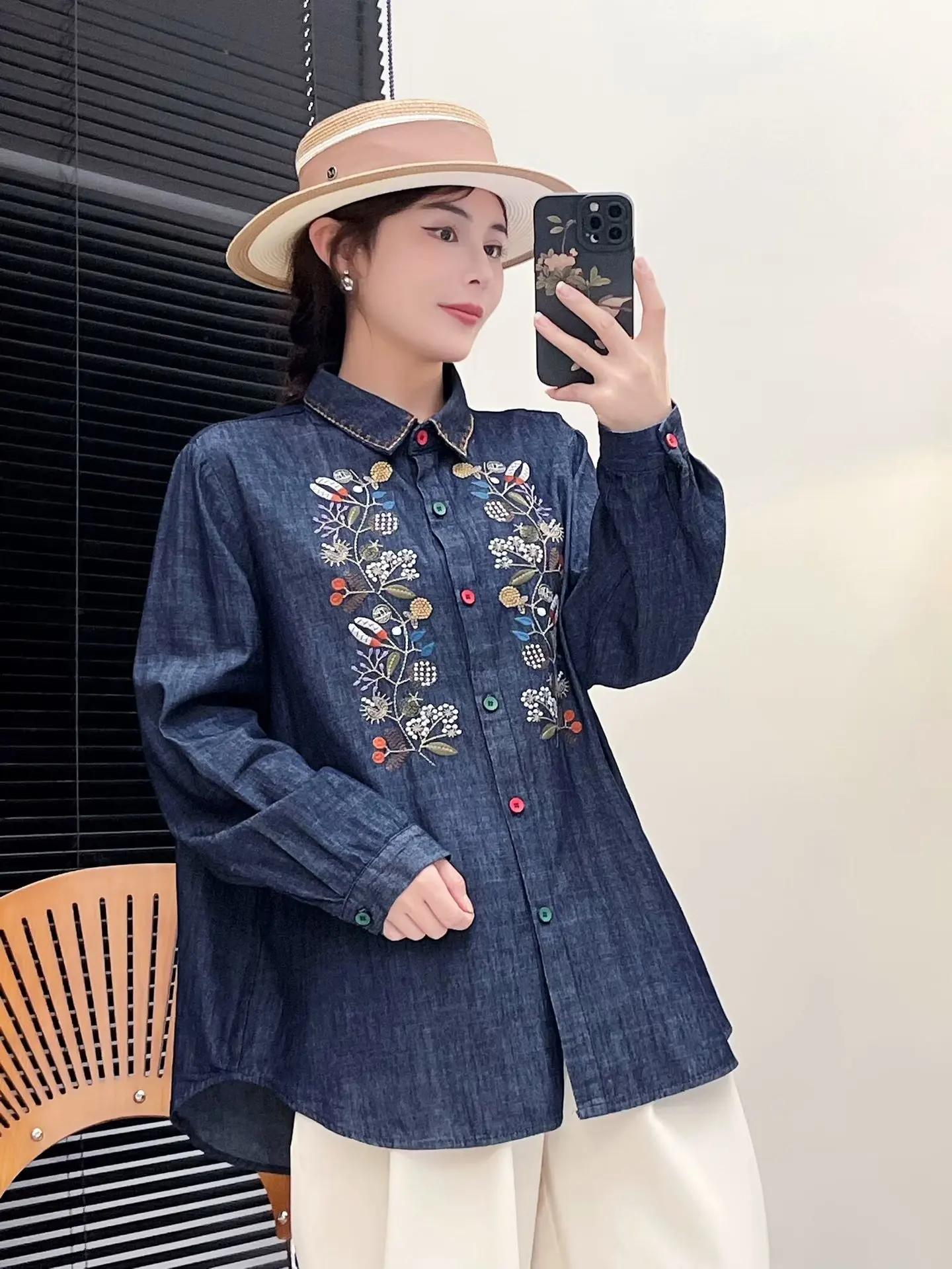 New Summer Cotton Long Sleeve Denim Shirt, Woman Lapel Embroidery Tops, Mori Girl Retro Sweet Loose Blouses, 2024 Fall T47698QC