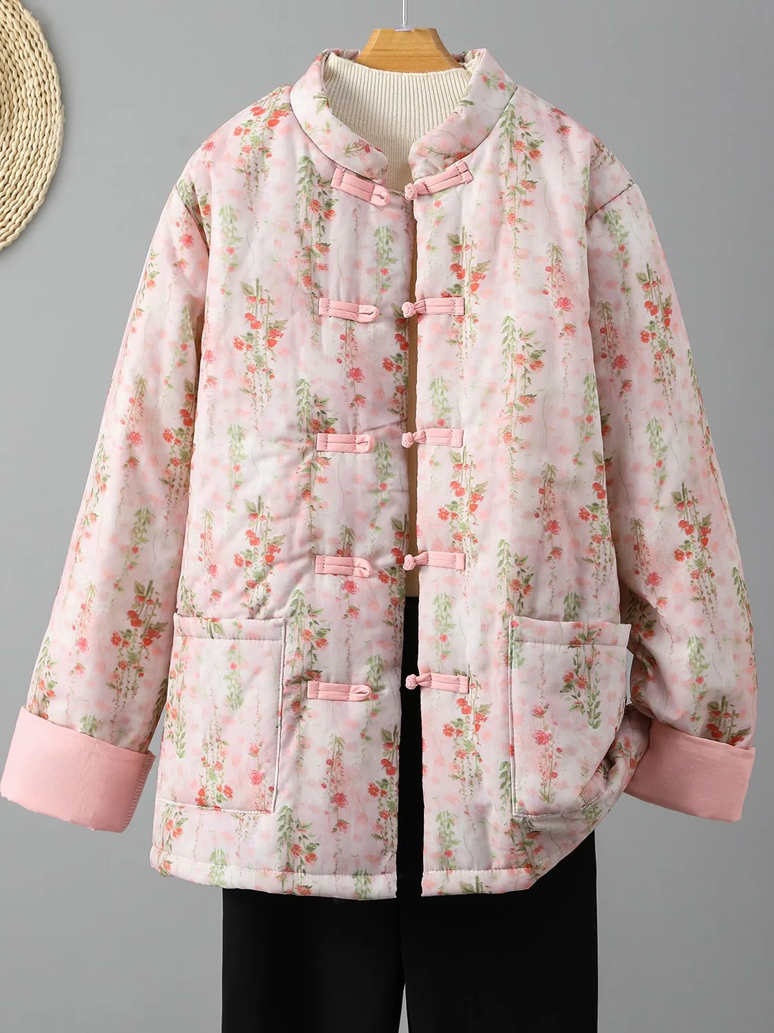 

Хлопковая куртка в китайском стиле с цветочным принтом в стиле ретро, женская зимняя хлопковая одежда с вышитыми пуговицами, костюм Тан, верхняя одежда