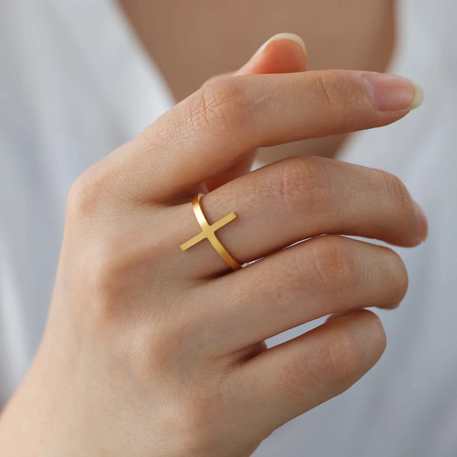 Unift Pierścionki ze stal krzyżyk nierdzewnej dla kobiet prosty Bar Open Ring modna moda biżuteria pozłacane akcesoria obrączka New