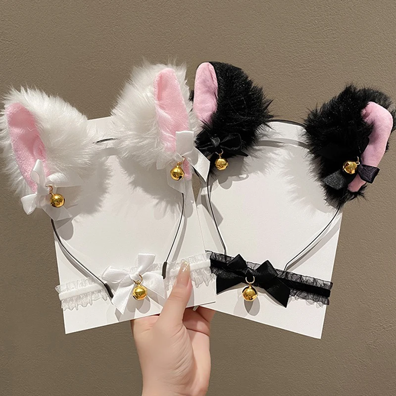 1Set Lolita Cat Ear Headband with Bell Chocker Necklace Girl Plush Furry Cat Ear Hair Band for Women Girls Cosplay Party Dress