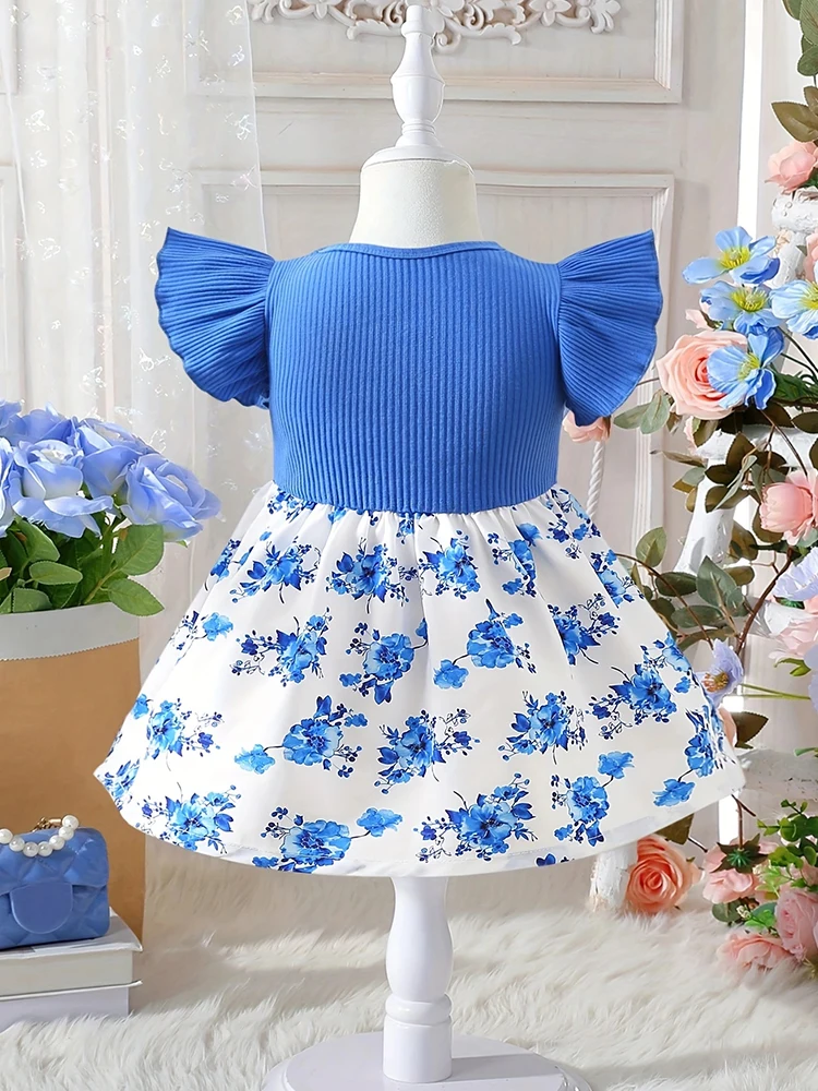 1pcs Summer Baby Girl Dress Blue Flower Bow accessori per bambini dolci e carini