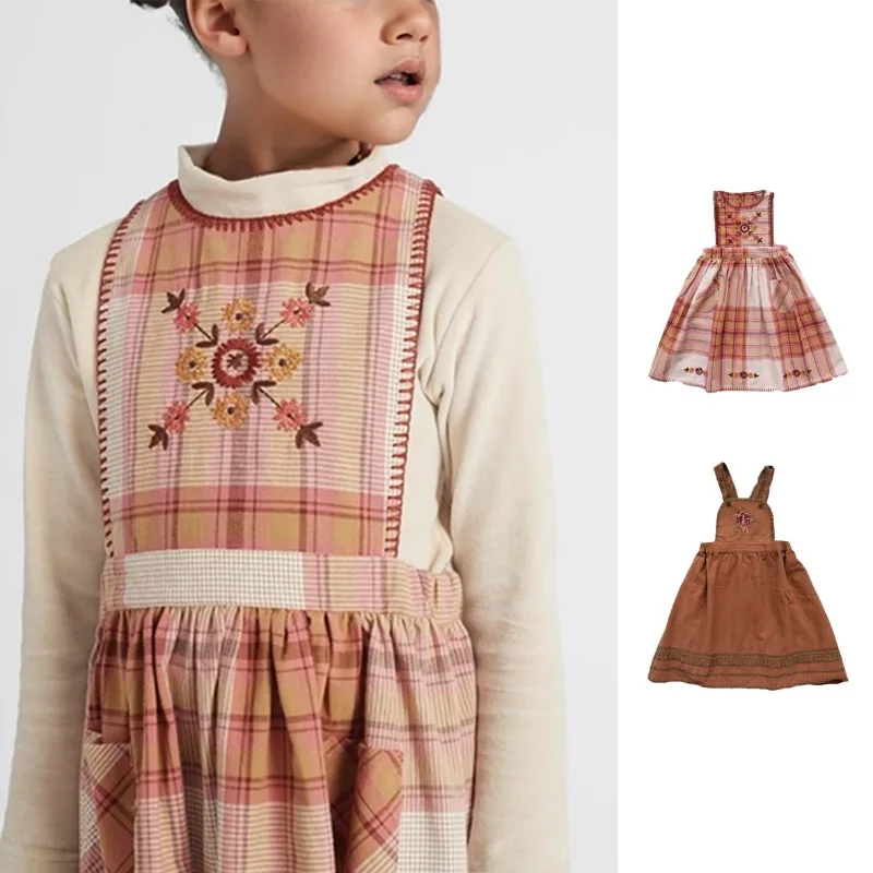 OUYANG&IVAN Girls' Dress 2025 Spring/Summer New Retro Trend Sundress Suspenders Girls' Embroidered Plaid DRESS