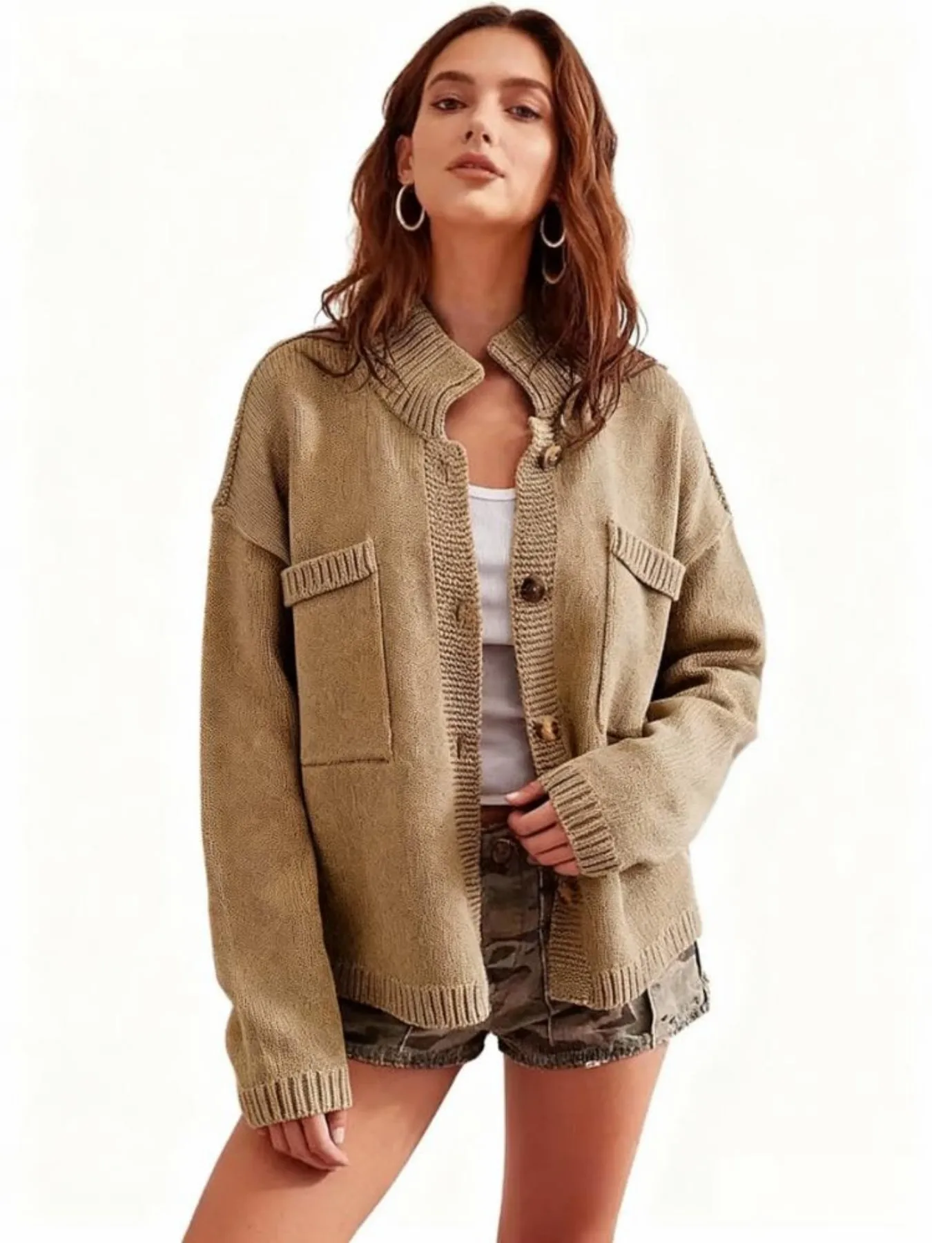 

Ladies' cardigan, sweater, open-fronted long-sleeved button coat, casual knitted coat, fashionable autumn jacket with pockets