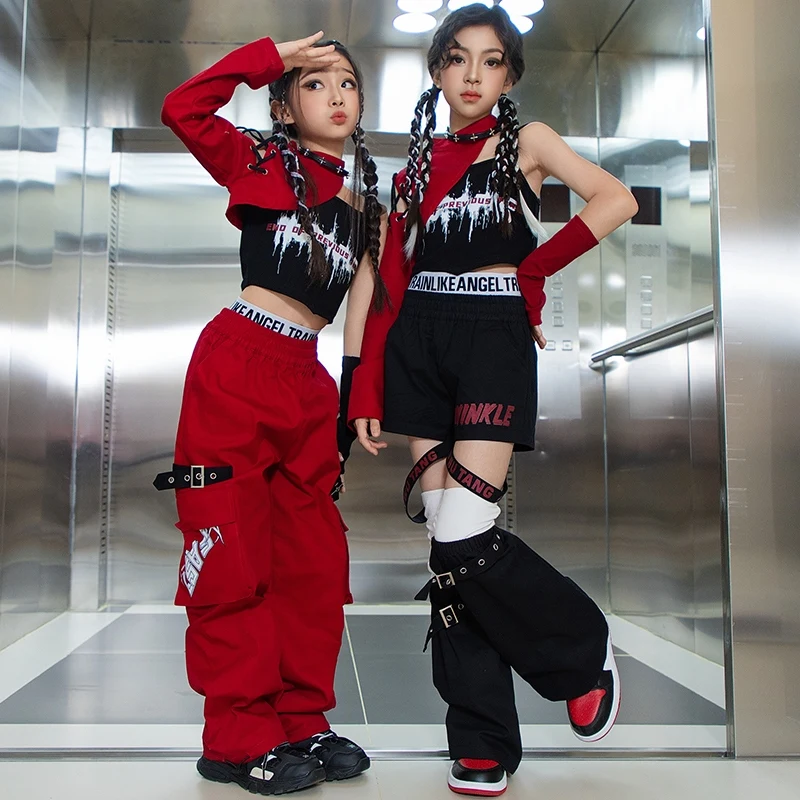 

New Children Jazz Modern Dance Costume Kids Hip Hop Clothing For Girls Streetwear Vest Cargo Pants Outfits Rave Clothes DN20371