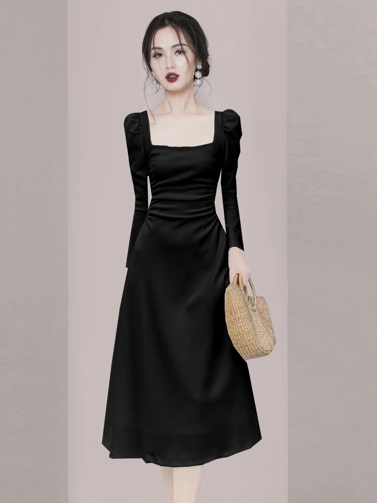 

Spring 2026 Ele Long Sve Pleated Dr Square Collar Sexy Women's Faion Par Evening Gown mid Waist A-Line Skirt