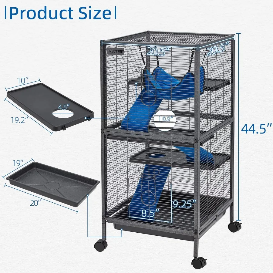 高さ45インチの金属製小型動物ケージ、可動式ベース、取り外し可能なスロープ、チンチラ、モルモット、ウサギ、フェレット用の4段設計