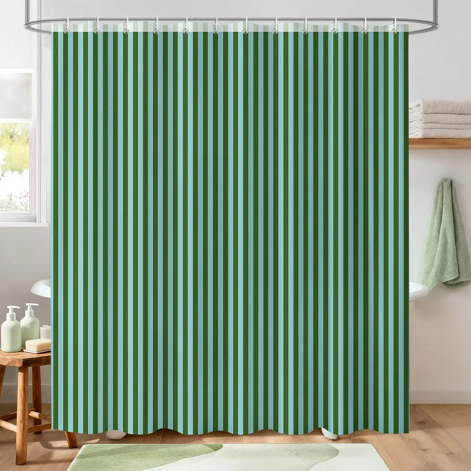 

Green and Blue Striped Shower Curtain,Vintage Green Blue Vertical Striped Geometric Waterproof Polyester Fabric Bath Curtain