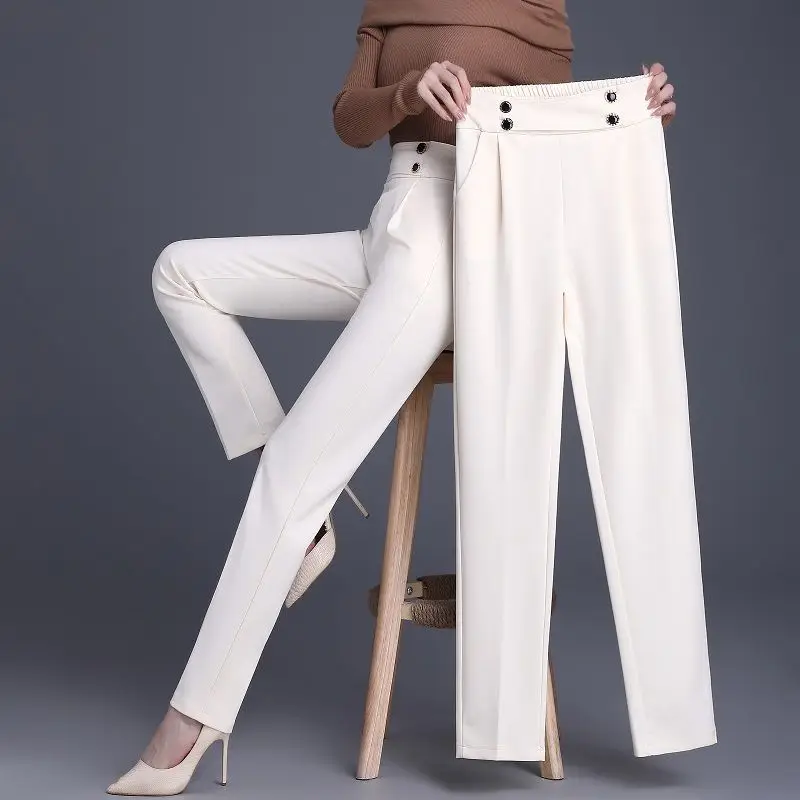 Primavera estate Casual elastico in vita dritto bottoni temperamento donna pantaloni neri a vita alta abbigliamento donna pantaloni semplicità