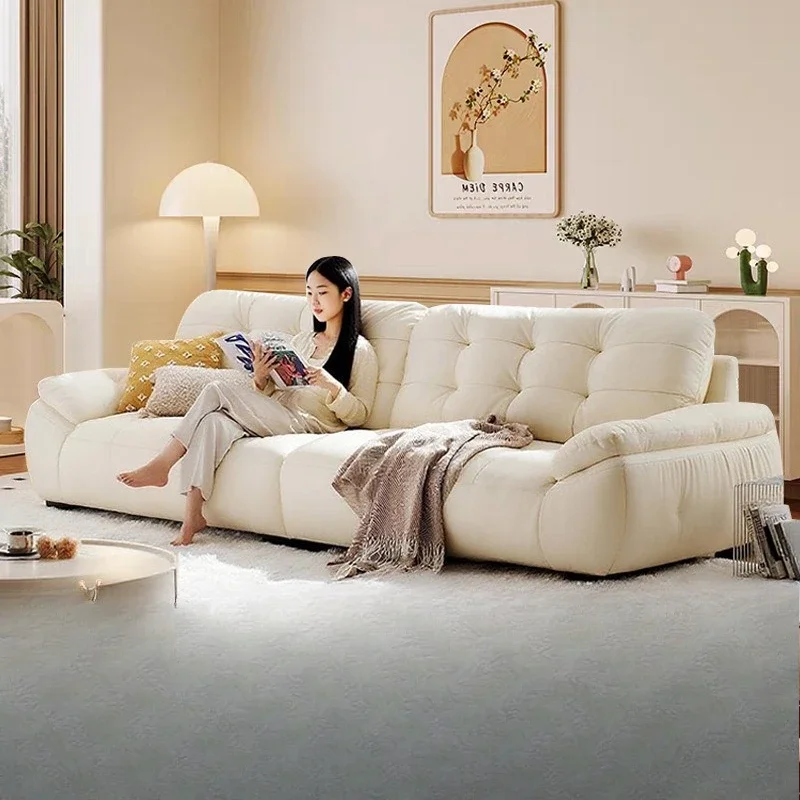 Cream wind sofa leather marshmallow clouds straight row small apartment white modern simple living room