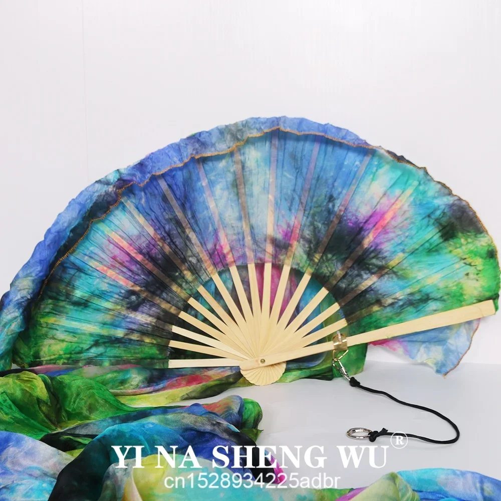 1개 실크 부채 + 1개 포이 로프 타이다이 100% 실크 벨리댄스 실크 롱 팬 중국 무용 팬 베일 공연 소품