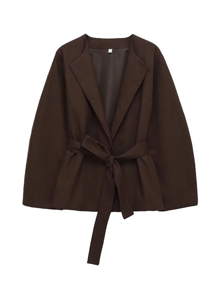 

HH Women New Fashion Retro Crew Neck Solid Belted Blazer Coat Female Elegant Office Versatile Streetwear Slim Long Sleeve Jacket