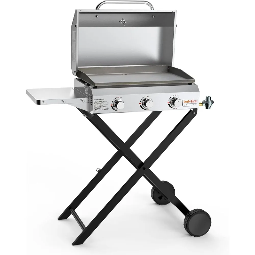 Portable Gas Griddle 3-Burner with Foldable Cart & Side Table, Stainless Steel Flat Top Gas Grill Griddle Stove with Lid