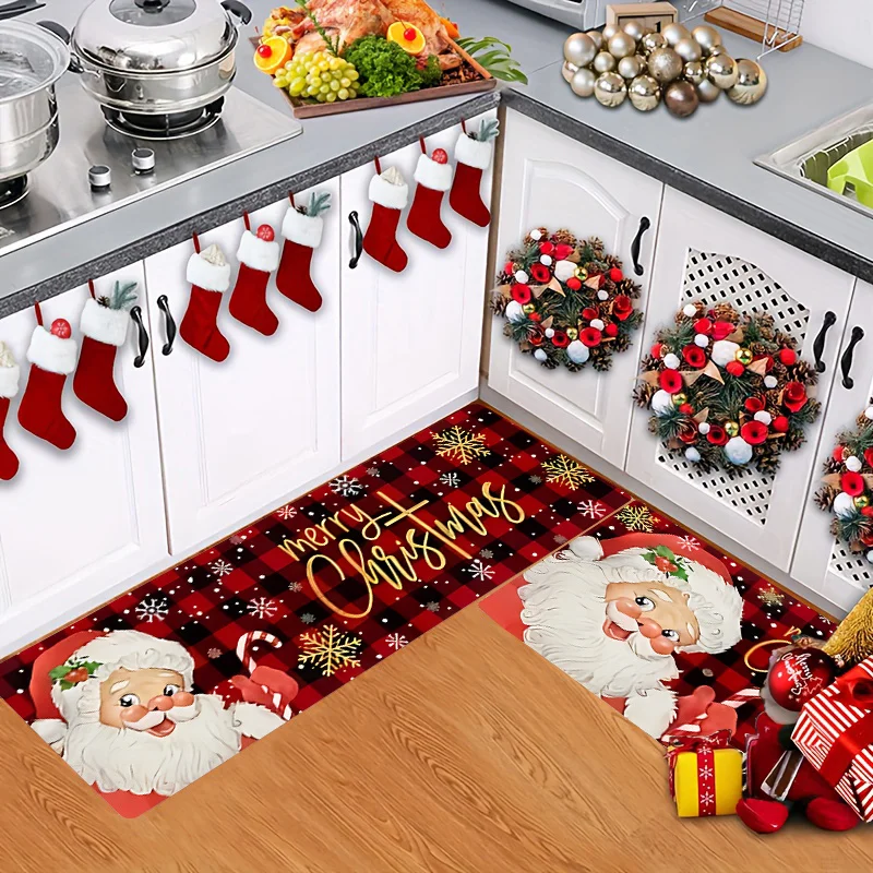 VIKAMA Buffalo Plaid Santa Runner Mat Non Slip Anti Fatigue Rug Kitchen Bedroom Entrance Merry Xmas Holiday Home Decor