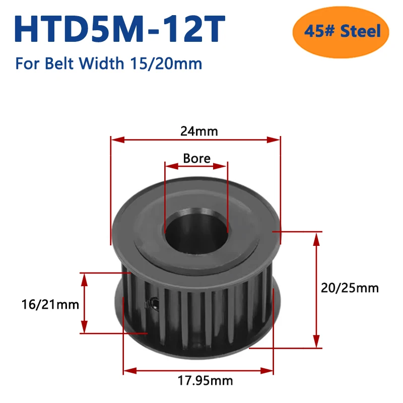 

1pc 12 Teeth HTD5M 45# Steel Timing Pulley HTD 5M 12T Synchronous Wheel for Belt Width 15mm 20mm Bore 5 6 6.35 8 10mm AF Type