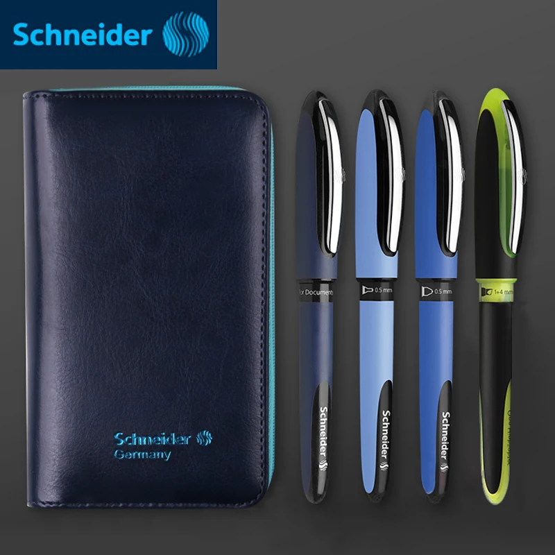 

4pcs/set Germany Schneider Gel Pen Signing Pen Highlighter Marker Pen 0.6mm/0.3mm/0.5mm/1-4mm Leather Pencil Box Case Gift