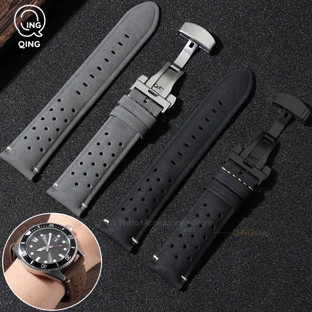 18mm 20mm 22mm Matte Perforated Breathable Leather Watch Strap Business Deployment Clasp Watch Band for Seiko for Rolex Bracelet