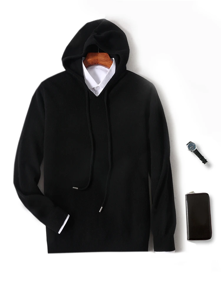 100% Merino Wool Men's Hoodie Autumn Winter Casual Fashion Soft Hooded Knitted Wool Sweater