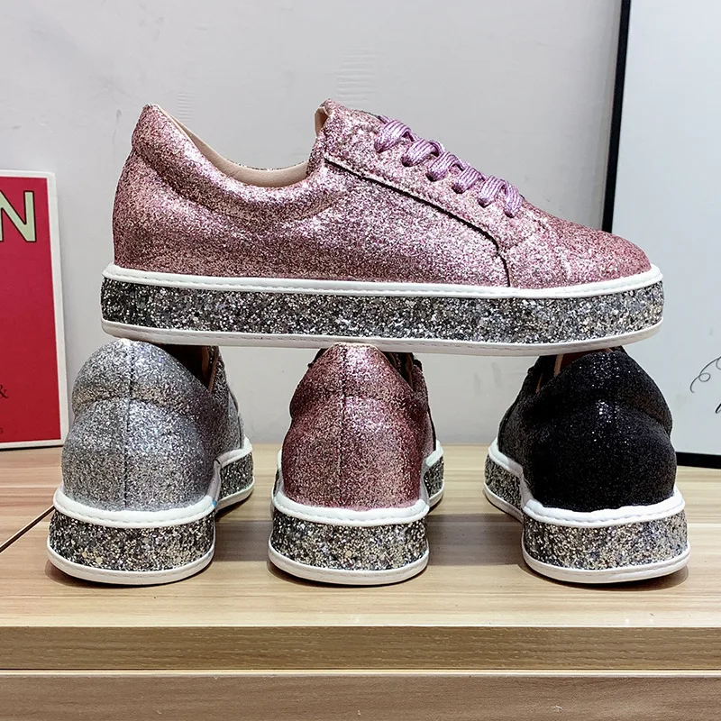 2022 Autumn New Women Glitter Flat Sneakers Casual Female Mesh Lace Up Bling Platform Comfortable Plus Size Vulcanized Shoes