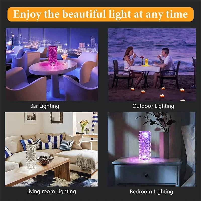 3/16 Colour LED Crystal Table Lamp Rechargeable Touch Rose Romantic Night Lamp Bedroom Bedside Lamp Living Room Bar Decoration