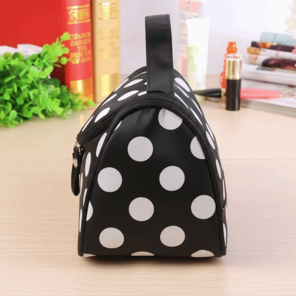 Fashionable Portable Makeup Bag Polka Dot Pattern Korean Style Travel Toiletry Bag Flip Design Large Capacity Handbag