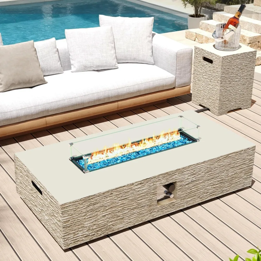 

56-inch Outdoor Propane Gas Fire Pit Table 50000 BTU Concrete Rectangle FirePit for Outside Patio with Propane Tank Cover