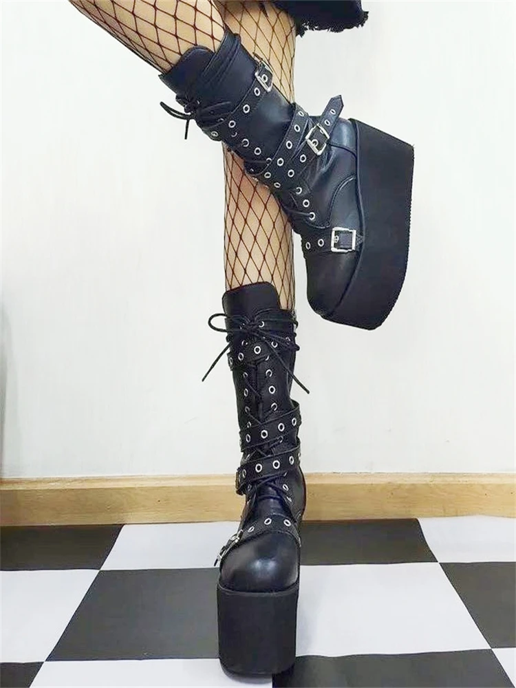 Women Goth Winter 39 Studded Punk Chunky Knee High Heels Round Head Platform Leather Y2k Boots Ladies Shoes On Offer