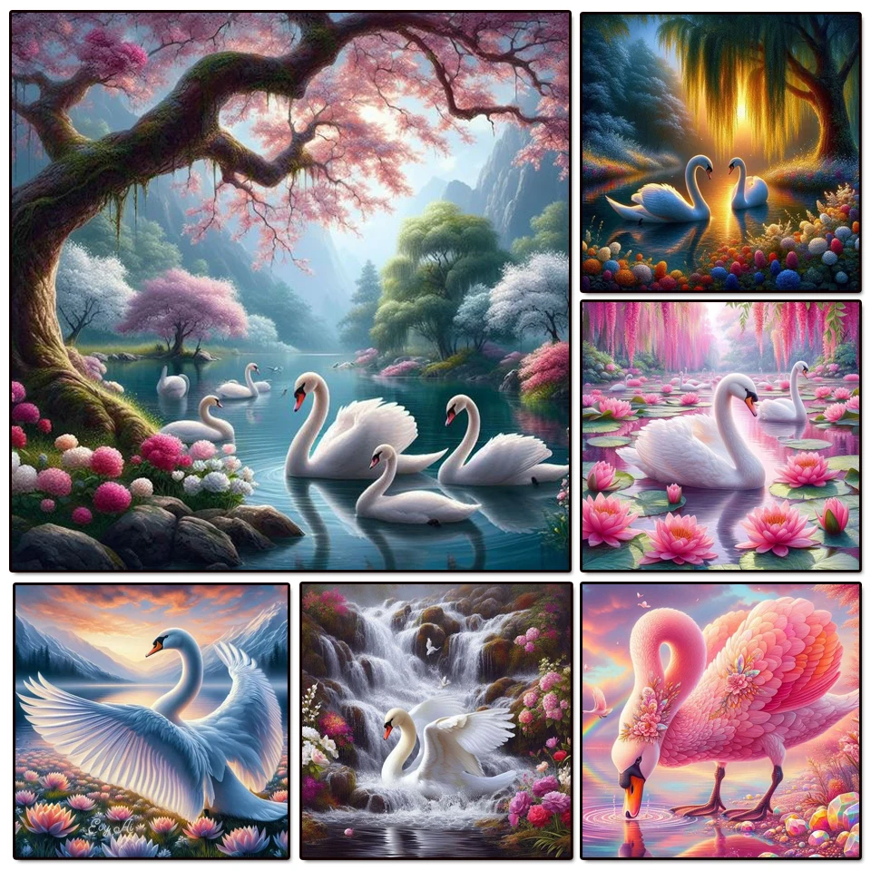 Алмазная картина Пейзаж Мозаика Лебедь Вышивка крестиком Животные Цветы Вышивка 5D DIY Стразы Озеро Картина Радуга Настенный декор