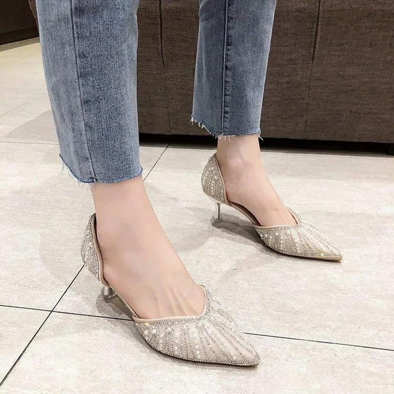 FHANCHU 2022 New Women Pumps,Side Hollow Out High Heels Woman,Fashion Pearls Spring Shoes,Pointed Toe,Black,Beige,Dropship