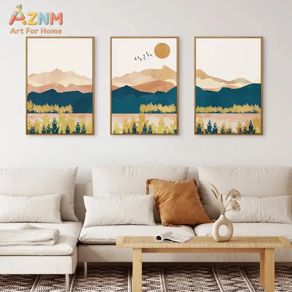 AZNM 3PCS Boho Mountain Landscape Canvas Wall Art Prints, Teal Gold Abstract Sun Forest Wall Decor, Minimalist Mid Century Moder