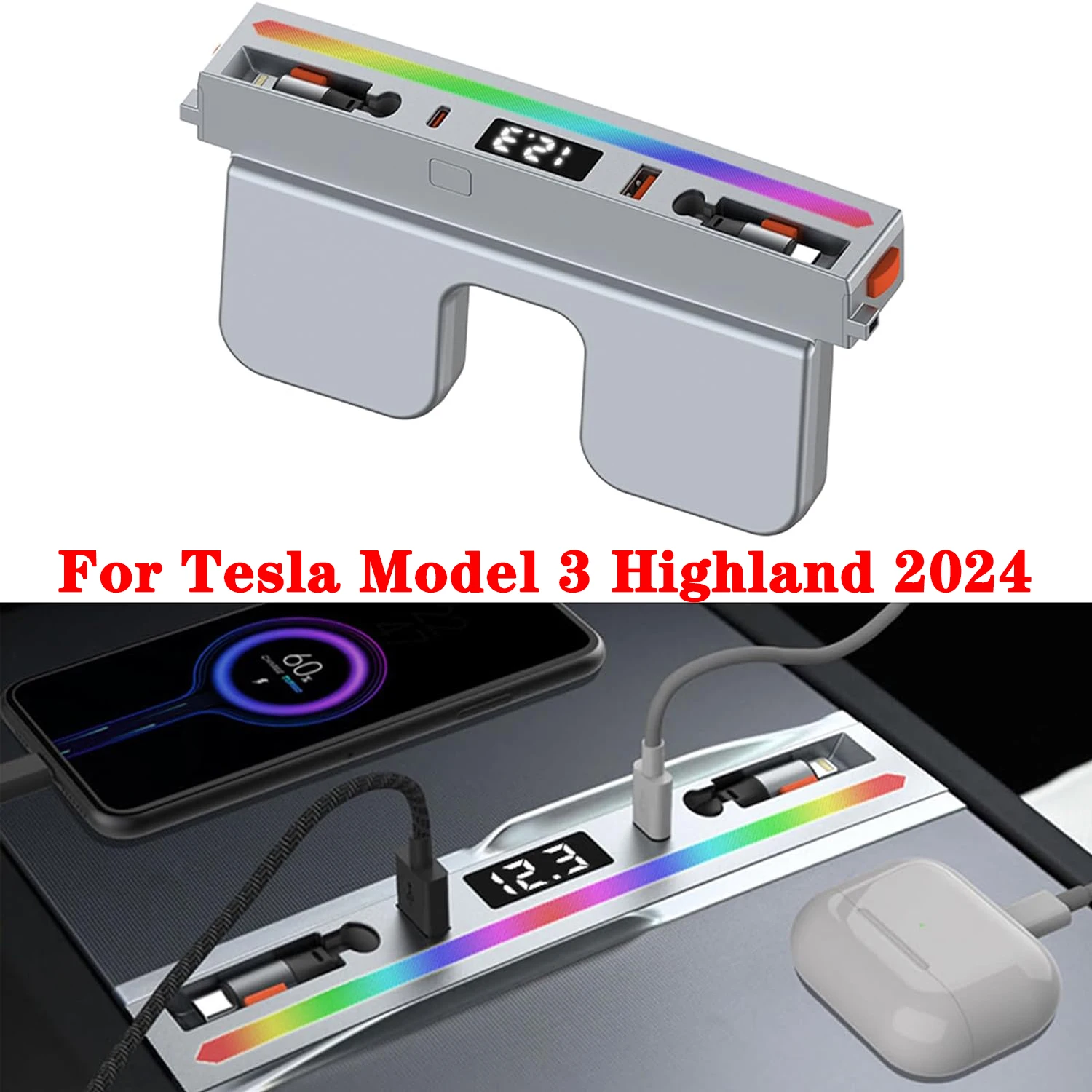 For Tesla Model 3 Highland 2024 USB Hub Docking Station With Rainbow Light, 4 ports Retractable Light-ning&Type C Fast Charging