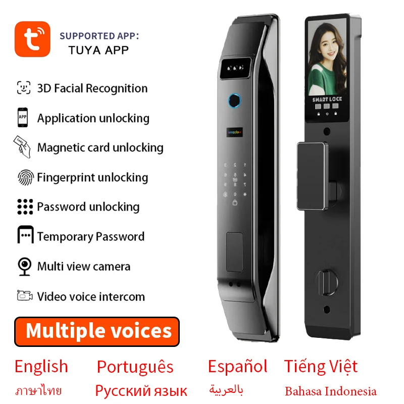TUYA 3D Facial Recognition WIFI Password Fingerprint Card Portable Visual Doorbell Monitoring Camera Electronic Door Lock