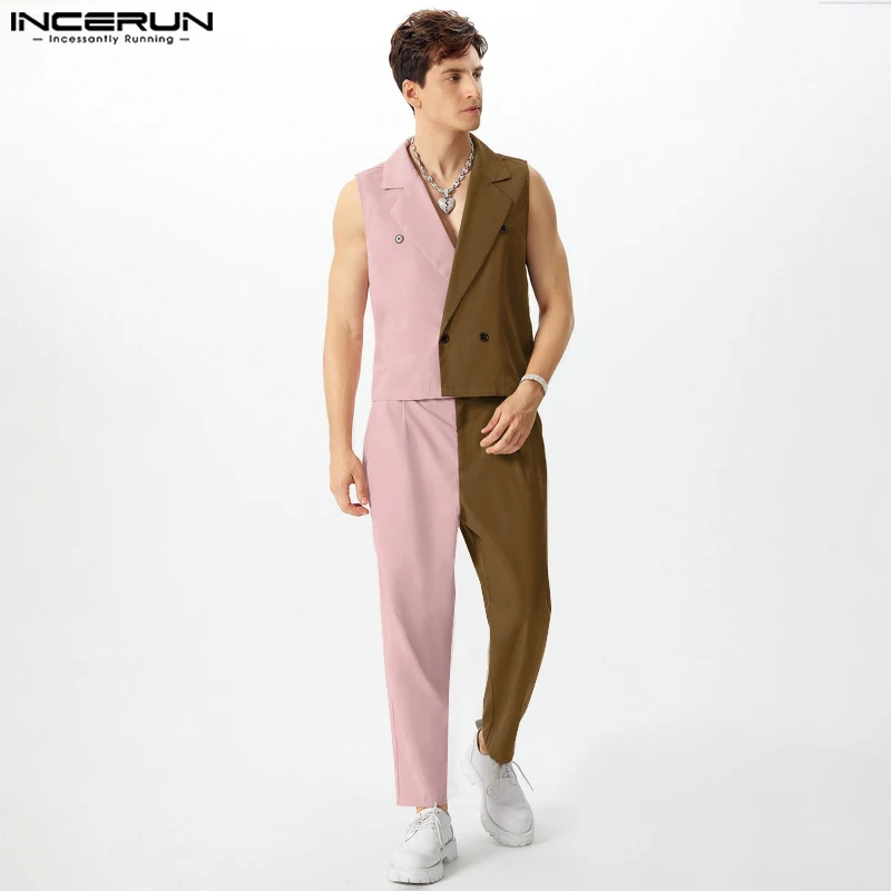 INCERUN 2024 American Style Fashion Sets Handsome Men Splicing Color Contrast Vests Pants Casual Personality Male Two Piece Sets