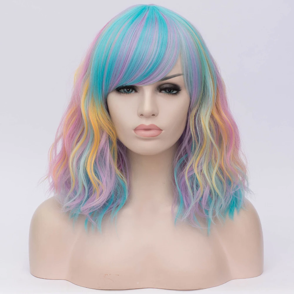 

Rainbow Ombre Cosplay Wigs for Women Wavy Short Synthetic Wig Purple Heat Resistant Hair