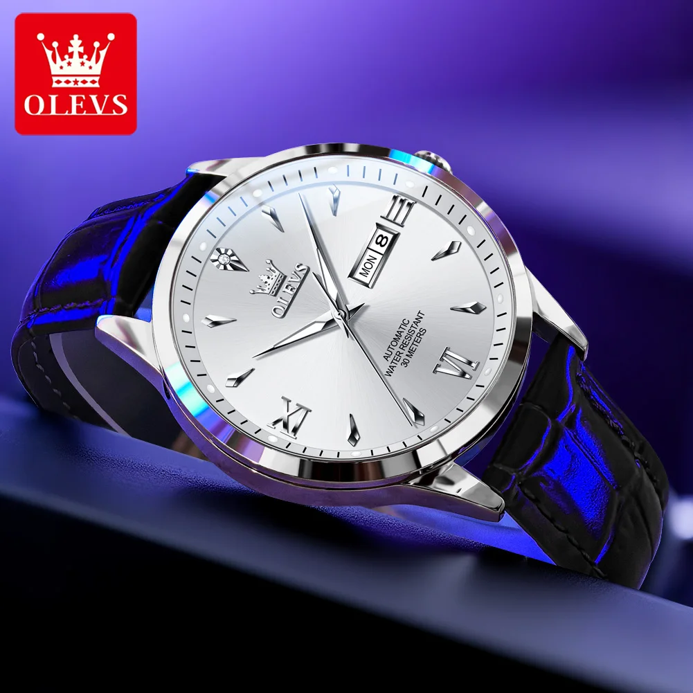 OLEVS 9956 reloj para hombre, reloj mecánico automático Original a la moda, correa de cuero resistente al agua, calendario, reloj de negocios de lujo para hombre
