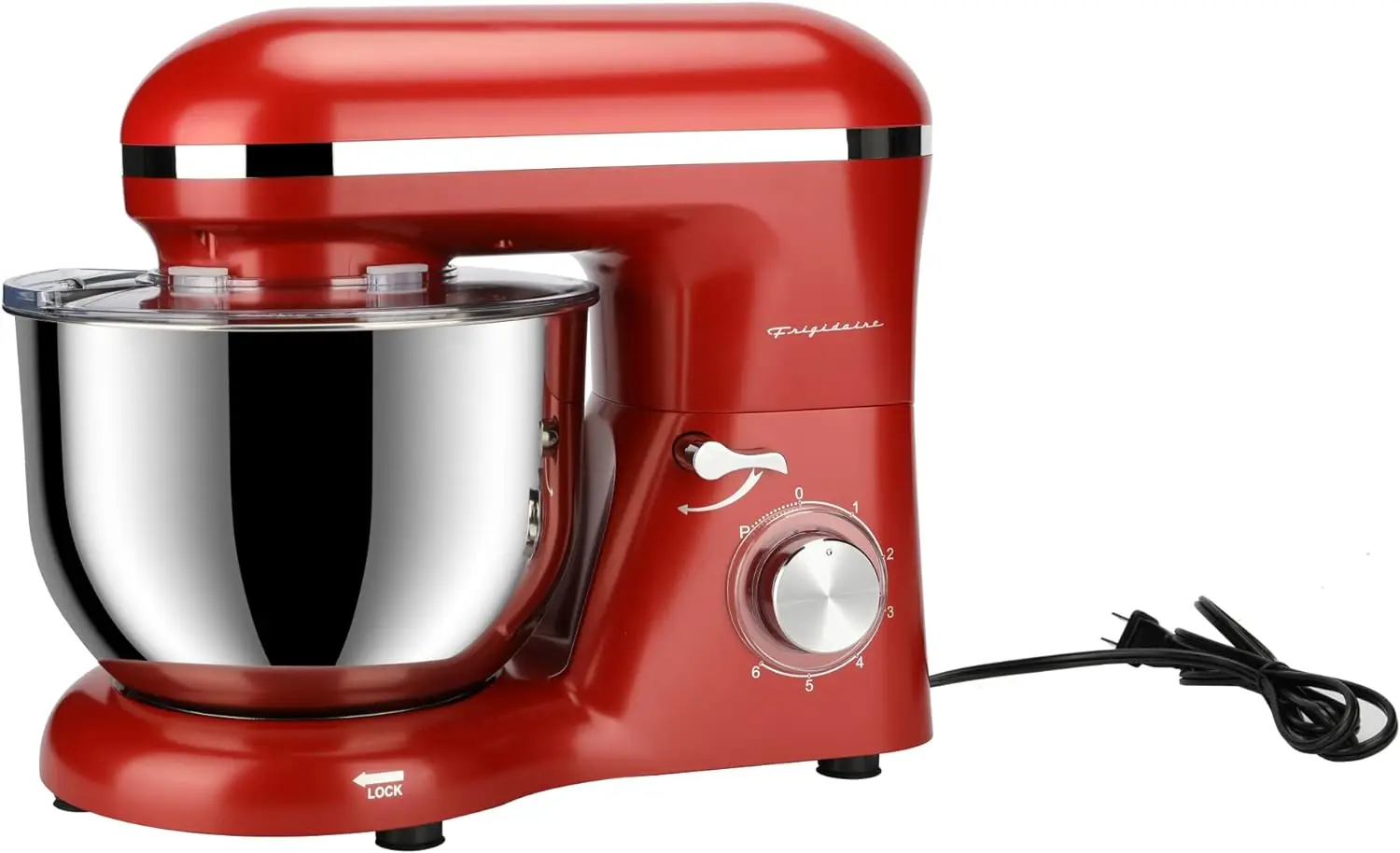 

Frigidaire Electric Stand Mixer, 6.2 Quart / 6L, 8 Speeds with Whisk, Dough Hook, Flat Beater Attachments, Splash Guard (RED)