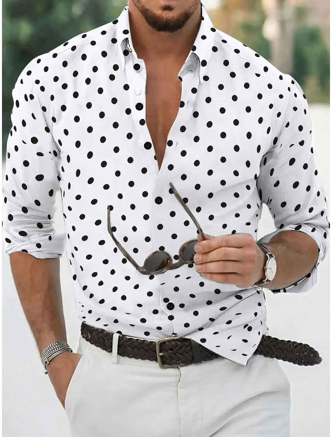 Camisa de manga comprida masculina, com bolinhas de lapela, preto e branco, moda diária de resort, elegante, casual e confortável, verão