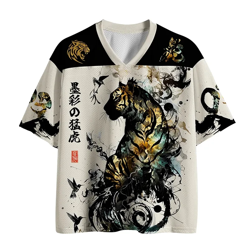 2026 Men Japanese Ink Wash Tiger Graphic V Neck Sports Jersey Loose Oversized Mesh Short Sleeve Streetwear Tee