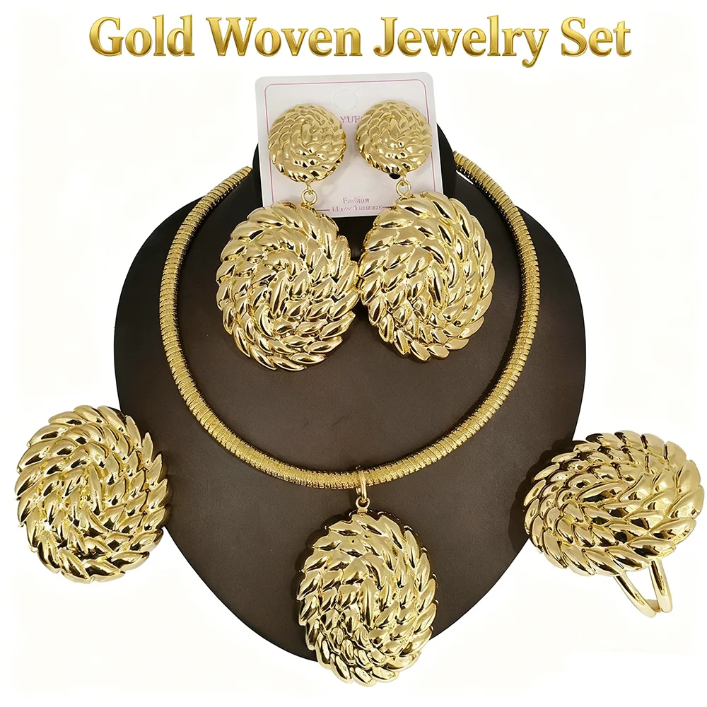 

Gold Jewelry Sets for Women Necklace Earrings Gold Plated Round Collar Nigeria Wedding Festival Gift Classic Style Bangles Ring