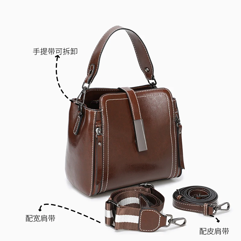 Genuine 100% Oil Wax Cowhide Leather Women Crossbody Bag Ladies Cow Handbag Cow Leather Shoulder Bag Luxury Brand Bucket Bag
