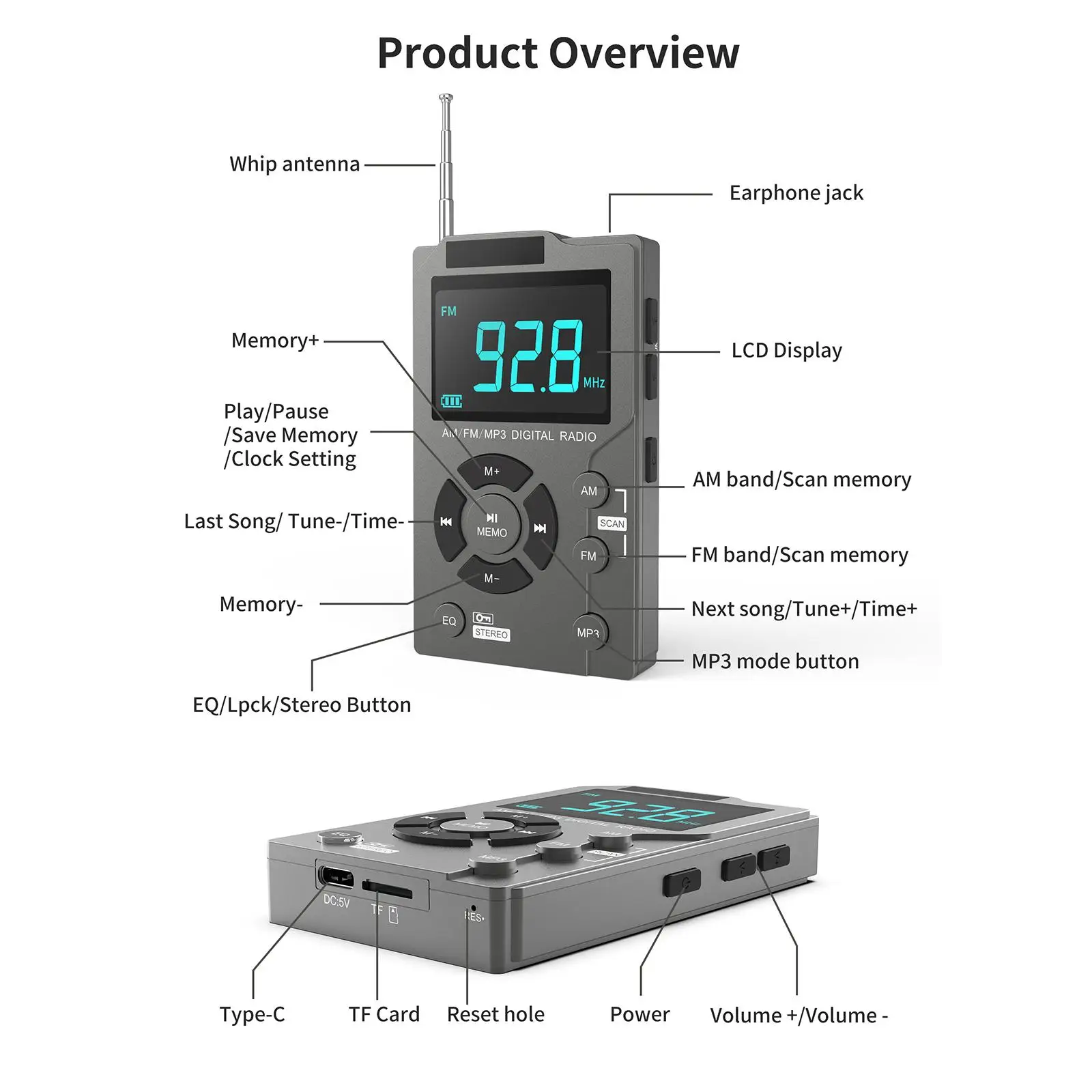 AM FM Radio Multifunctional Durable 600mAh Rechargeable AM/FM/MP3 Digital Radio Portable Radio for Outdoor Home Office Senior