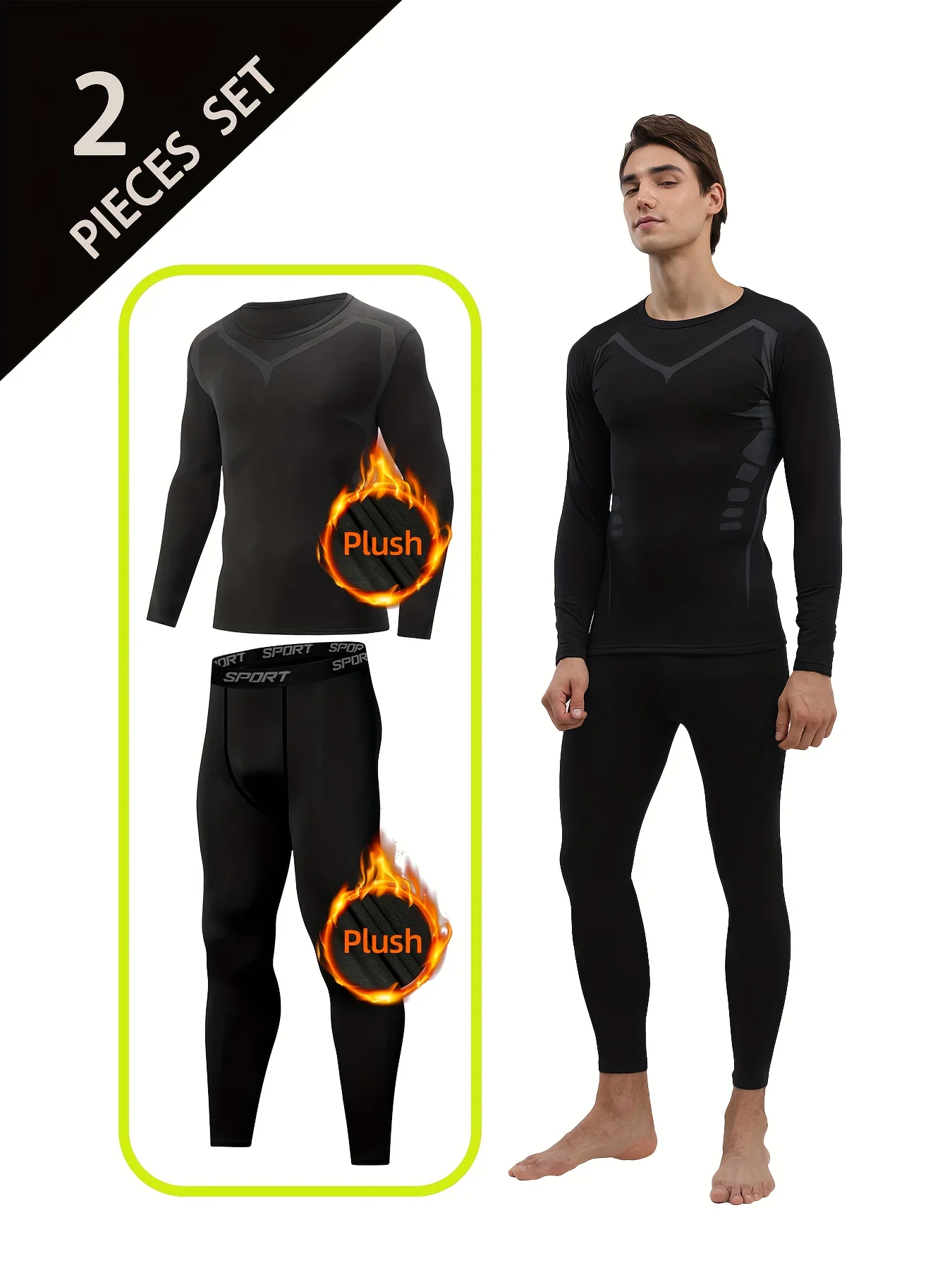 

2-piece autumn and winter printed men's thermal underwear set, gym running exercise, warm, breathable and elastic